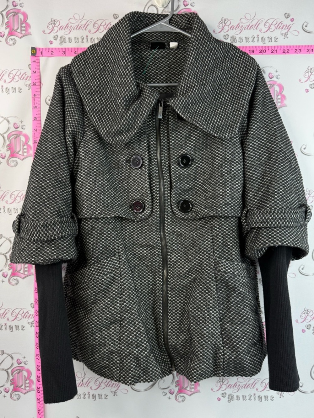 Oxmo jacket coat Textured Black & White Tweed Peacoat with Zip and Button Front
